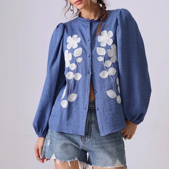 milos paris Tops - Milo’s Paris Blue Floral Embroidered Women's Top